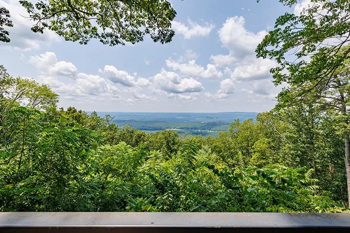 A view of the mountains from a deck overlooking a wooded area.