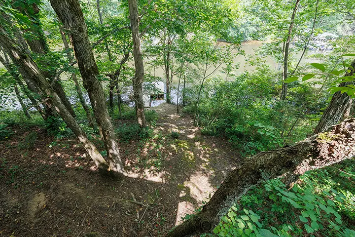 An aerial view of a house in the woods.