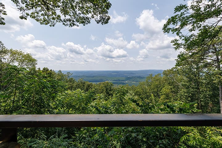 A view from a bench overlooking a wooded area.