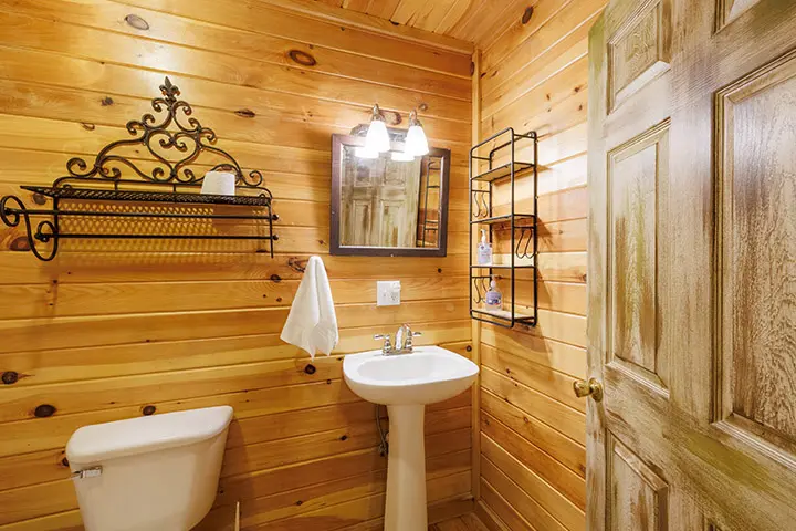 A bathroom with a sink and toilet in a log cabin.