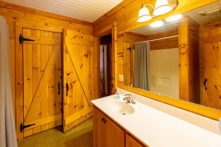A bathroom in a log cabin with a sink and mirror.