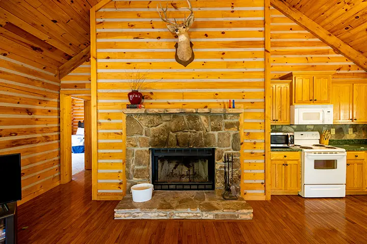 The living room of a log cabin with a fireplace.