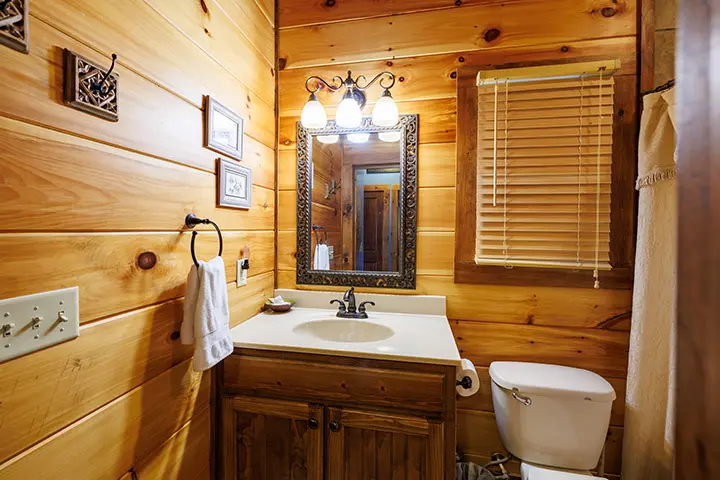A bathroom in a log cabin.