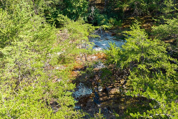 Aerial view of a creek in the woods.