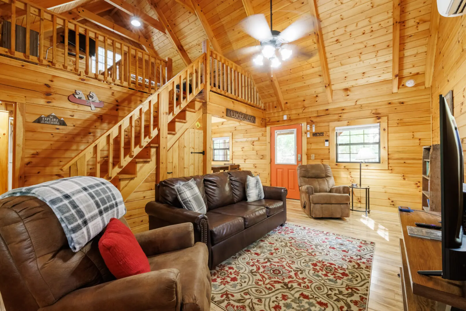 A living room in a log cabin.