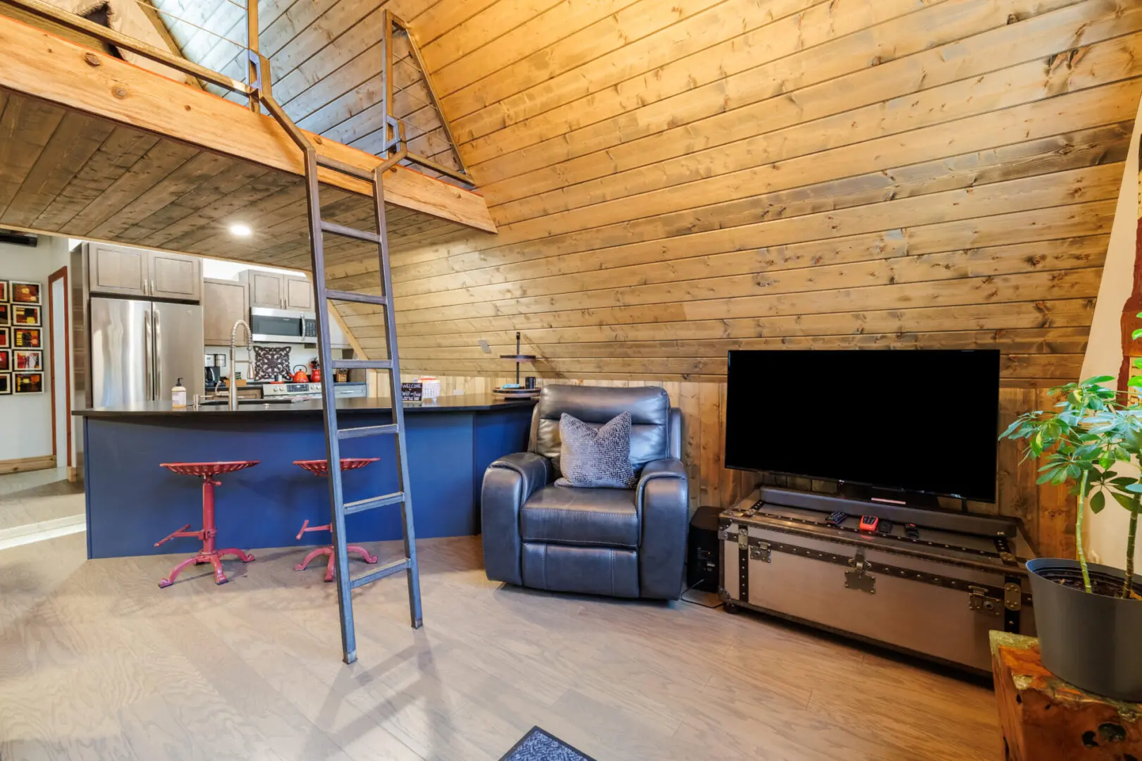 A cozy room in Little River Point with a ladder and a TV.