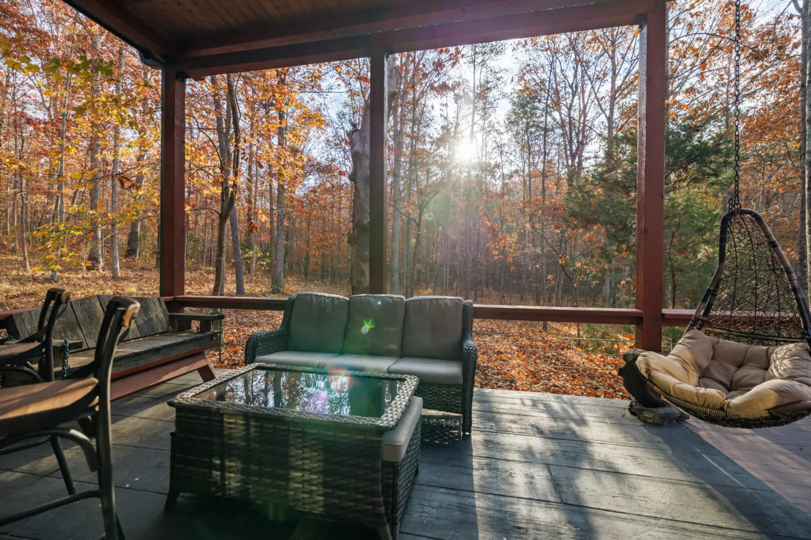 A Little River Point porch with a swing, offering a tranquil view of the woods.