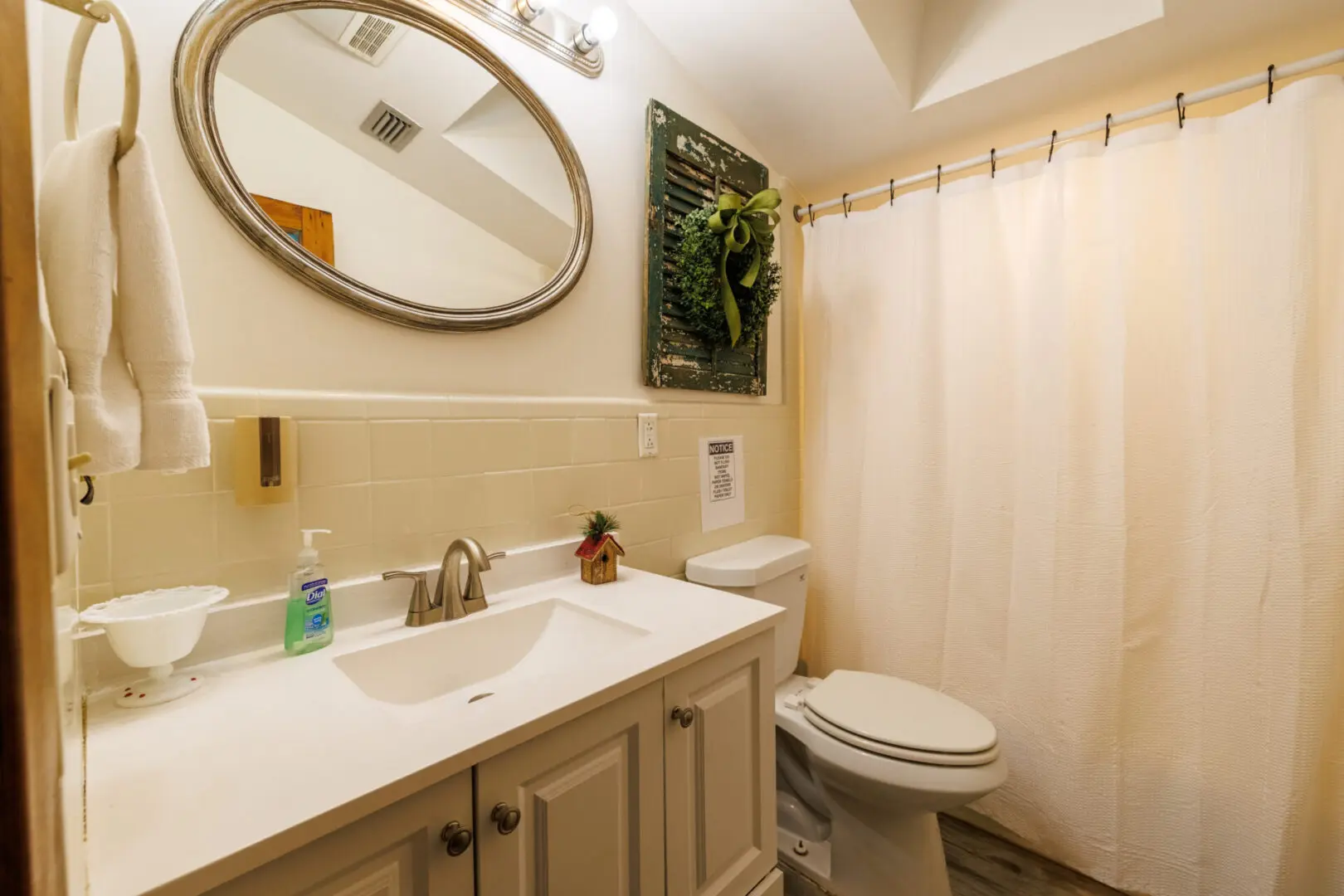 A vacation bathroom with a sink, toilet, and shower curtain.