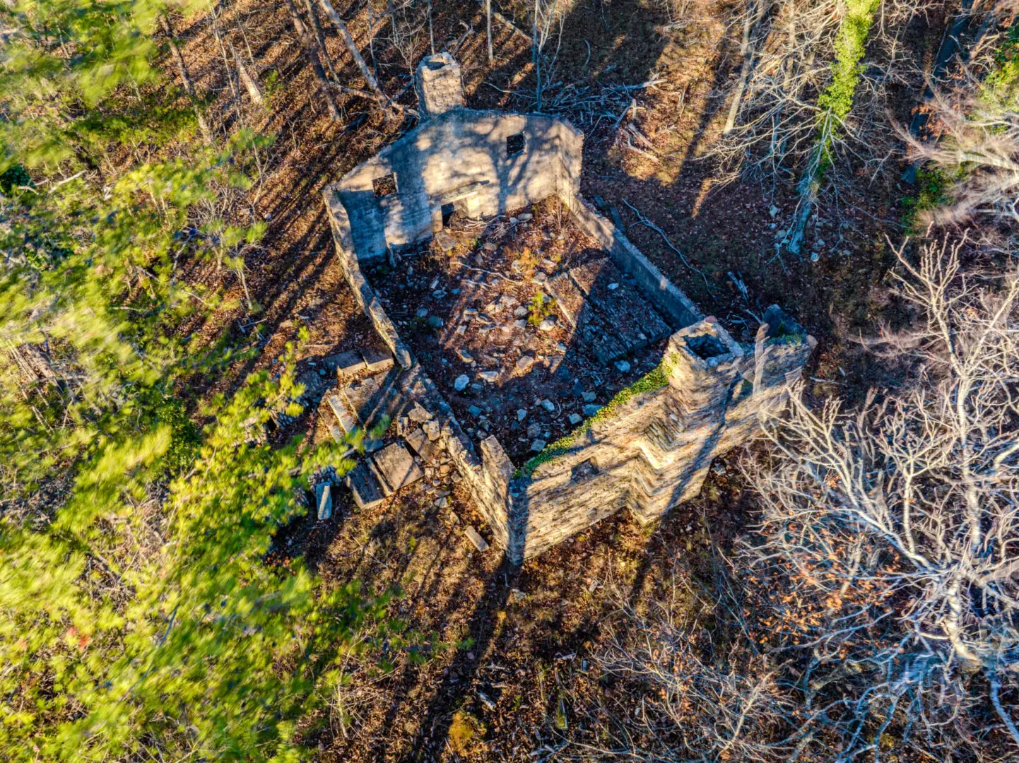 An old building in the woods, seen from an aerial perspective on a vacation.